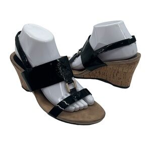 Anne Klein Black Patent Slingback Cork Wedge Sandals Size 9 1/2 Women's